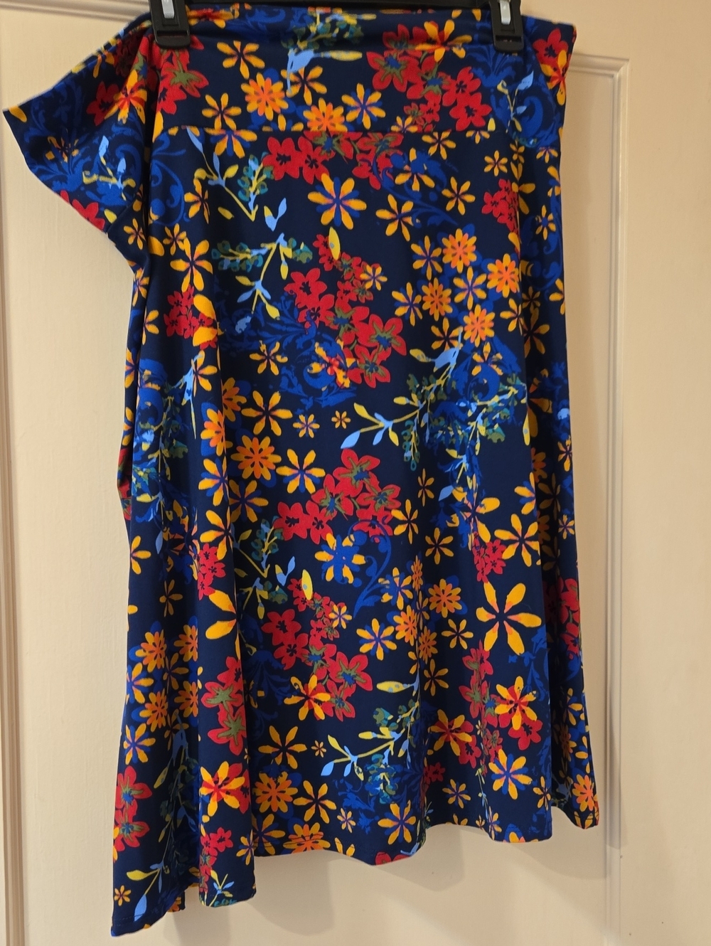 Lularoe Floral A-Line Midi Skirt in Navy with Yellow & Red Blooms